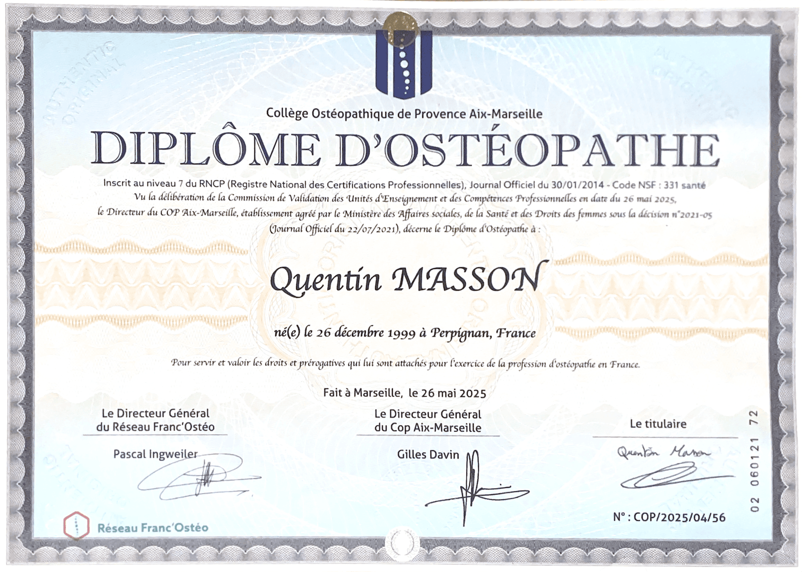 Diplôme d'ostéopathie du Collège Ostéopathique de Provence, obtenu en 2025