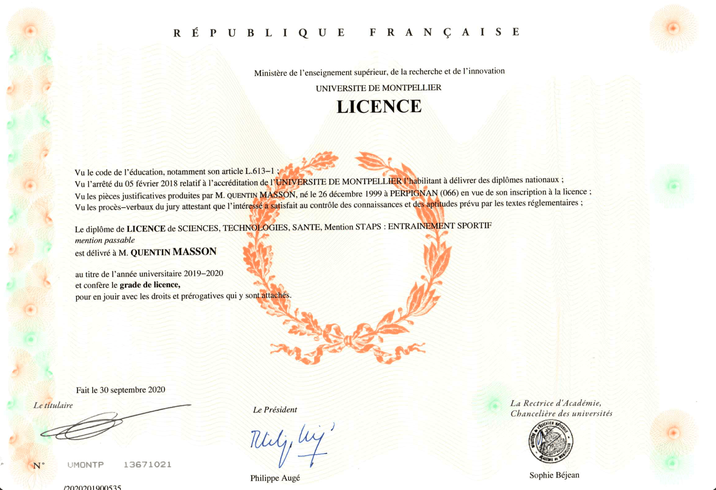 Diplôme STAPS — Licence Entraînement Sportif, obtenu en 2020